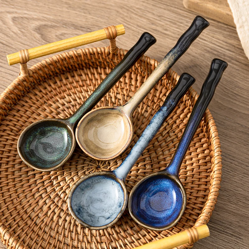 

Household Japanese Ceramic Soup Spoon Long Handle Round Head Soup Ladle Congee Spoon Irregular Spoon
