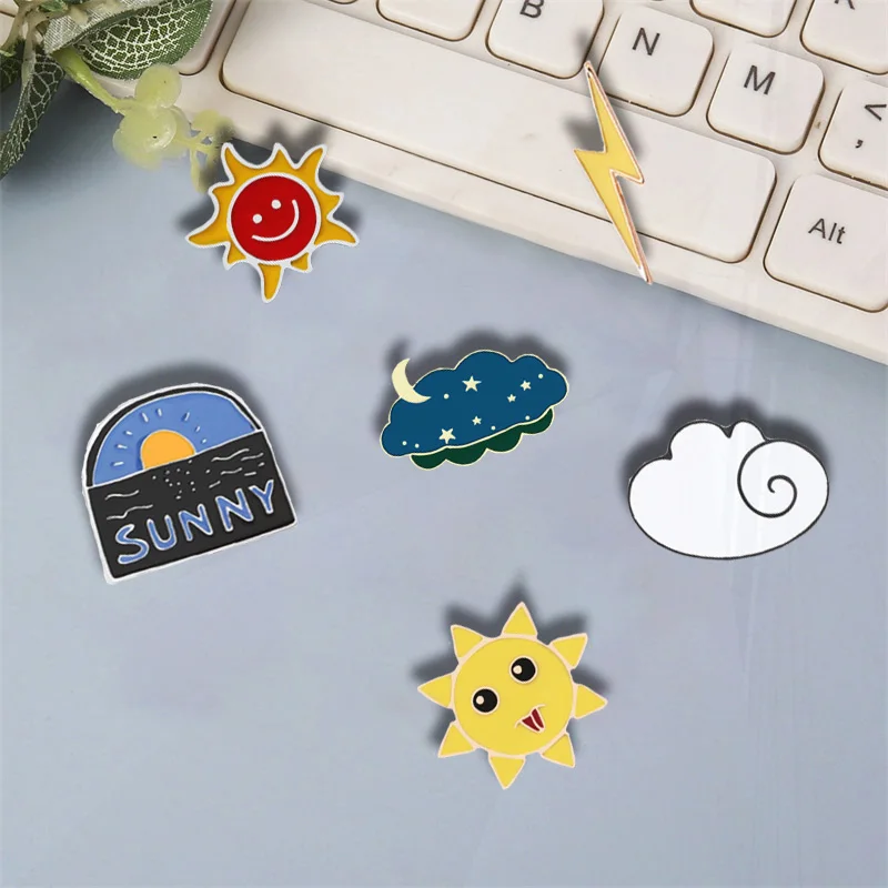 Moon Star Night Pines Smile Sun Lightning Cloud Enamel Pins Clothes Badges Jewelry Gift for Kids Weather Icon Brooch Sea Sunrise