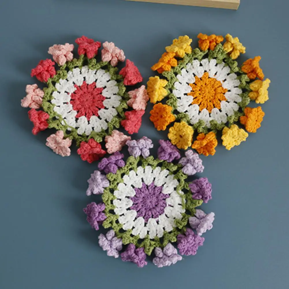 Handmade Knitted Coaster Handmade Crochet Coasters Set Heat-resistant Decorative Drink Mats Cute Flower Pot Coaster for Home