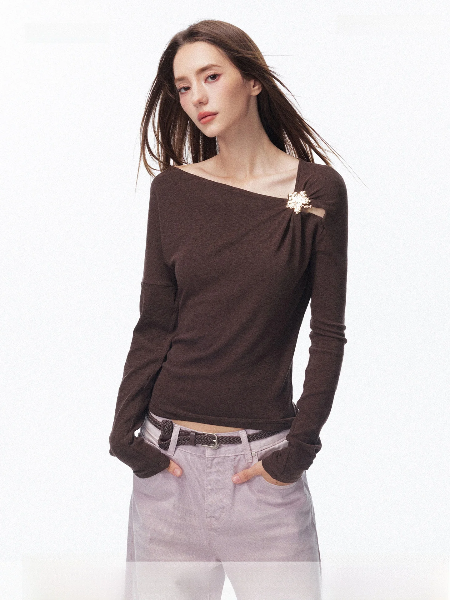 Camiseta de Punto de Manga Larga para Mujer, Diseño Original SEGI, Estilo Primavera, con Pliegues Metálicos, Capa Base Única, Estampado Floral Hawaiano