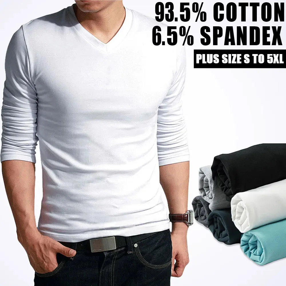 2024 Spring High-elastic Cotton T-shirts Male V Neck Tight T Shirt Hot Sale New Men\'s Long Sleeve Fitness Tshirt Asia size S-5XL