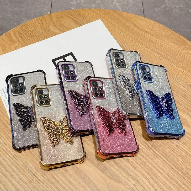 For Xiaomi Redmi 10 Prime 4G 2021 2022 Phone Case Sparkling Sticker Butterfly Holder Anti Drop Cover For Redmi 10 4G Coque