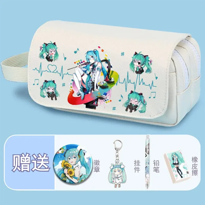 Kawaii Hatsune Miku Pencil Case Anime Cartoon Cute Multi-layered Pencil Case Large Capacity Gift Badge Pendant Storage Bag New