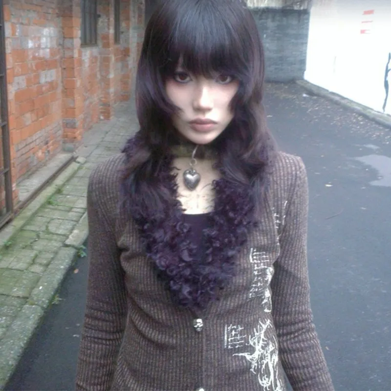 Karrcat Grunge Aesthetics Tassel Shirt Japanese Y2k Tattoo Print Knitted Shirts Vintage Gothic V-neck Fur Blouses Harajuku 2000s