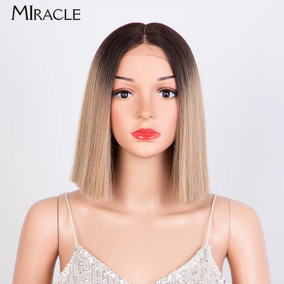 

MIRACLE Short Bob Wig Synthetic Straight Lace Front Wigs for Women 10 Inch Straight Lace Wig Cosplay Hair Ombre Red Blonde Wig