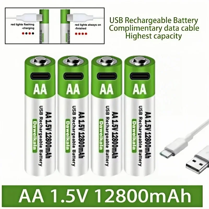 topNew 1.5V AA USB Rechargeable Li-ion Battery 12800mAh Fast Charging Li-ion Battery W/Type-C Cable for Remote Mouse Electric To