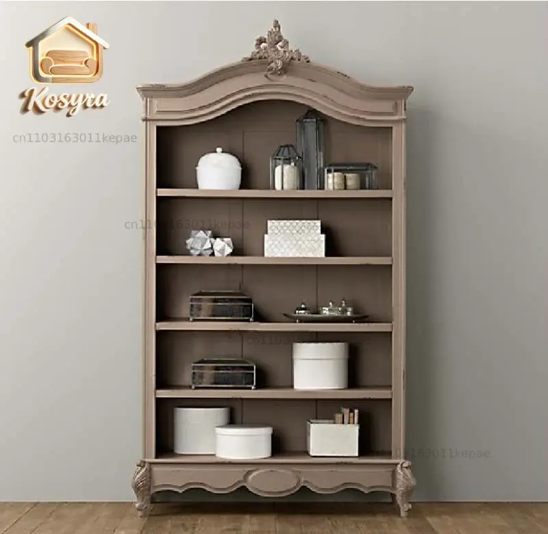 

French Retro Solid Wood White Bookcase Bookcase Bookshelf American Country Quality Oak Carved Locker Display Cabinet