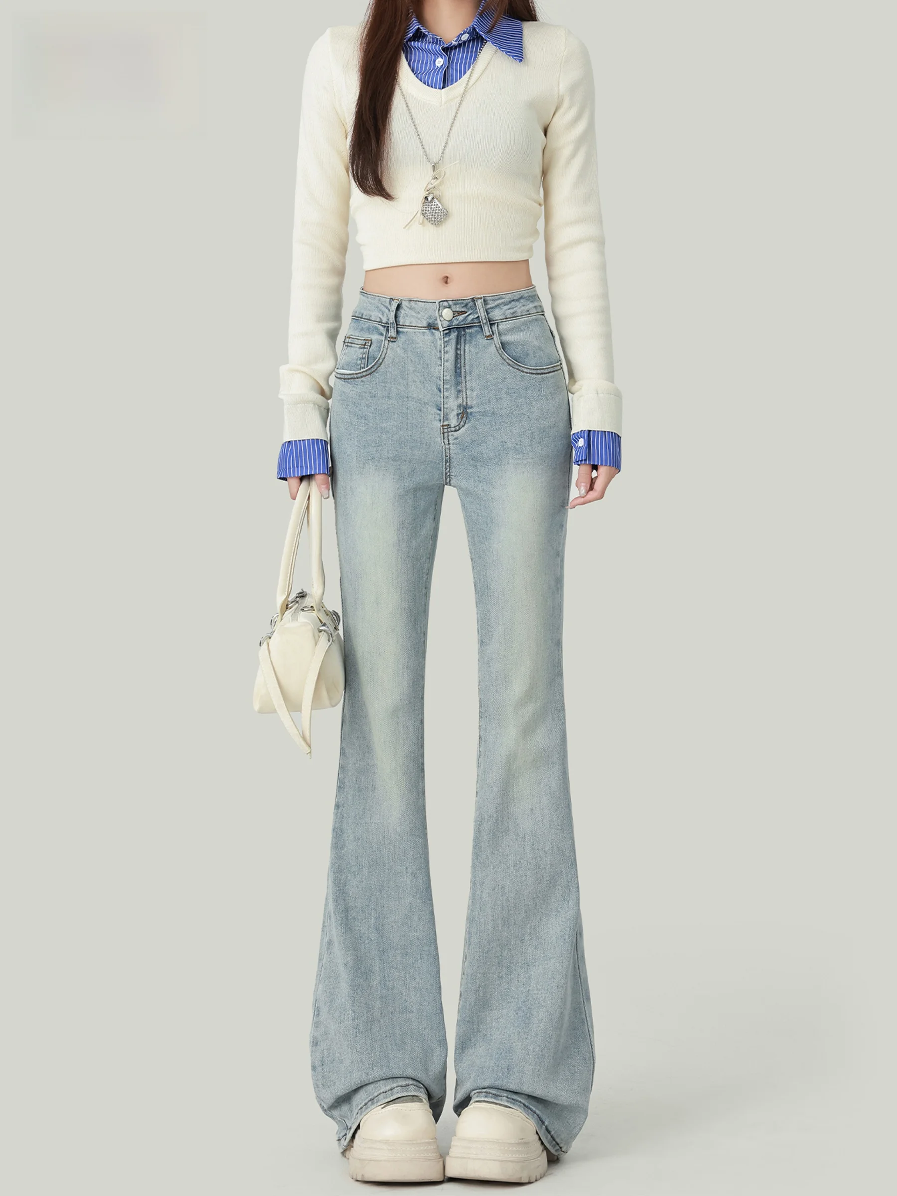 

Женские джинсы-клеш с высокой талией, эластичные, стрейч, с эффектом подтяжки ягодиц, скрывающие недостатки фигуры, повседневные, синие, с эффектом потертости