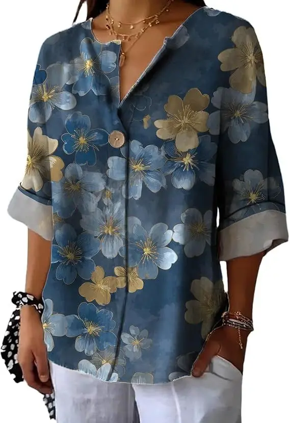 

Women's short-sleeved tops V-neck Formal casual loose shirt Summer flowing shirt Fashionable and comfortable women's clothing
