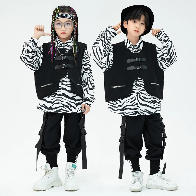 Moderne Hip Hop Dance Kleding Voor Tieners Kids Zwart Vest Cargo Broek Lange Mouwen Street Dance Pak Meisjes Jongens Kostuum BL9304