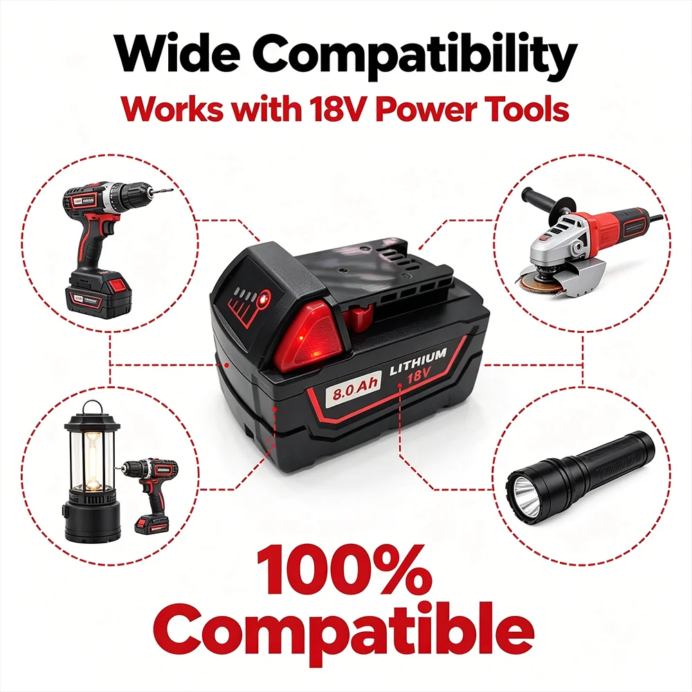 Für Milwaukee M18 Elektrowerkzeug-Akku 18V 8,0Ah Wiederaufladbarer Ersatzakku mit M18B5 48-11-1860 48-11-1850 48-11-1840 48-11-2402 48-11-2411 8000mAh 12000mAh Lithium-Ionen-Akku – Detail 4