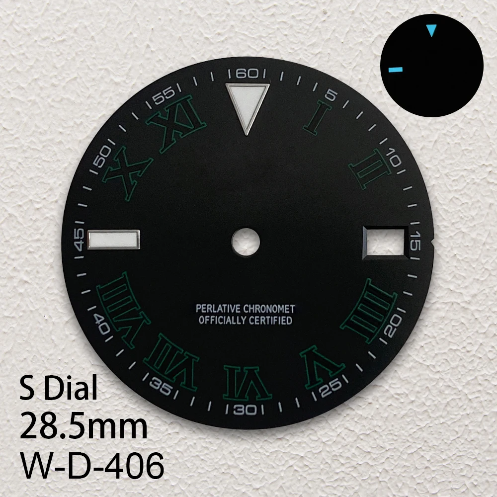 28.5mm S Logo Dial Fit NH35/NH36/4R/7S Movement Ice Blue Luminous Epipremnum Sunburst Dial Watch Modification Accessories