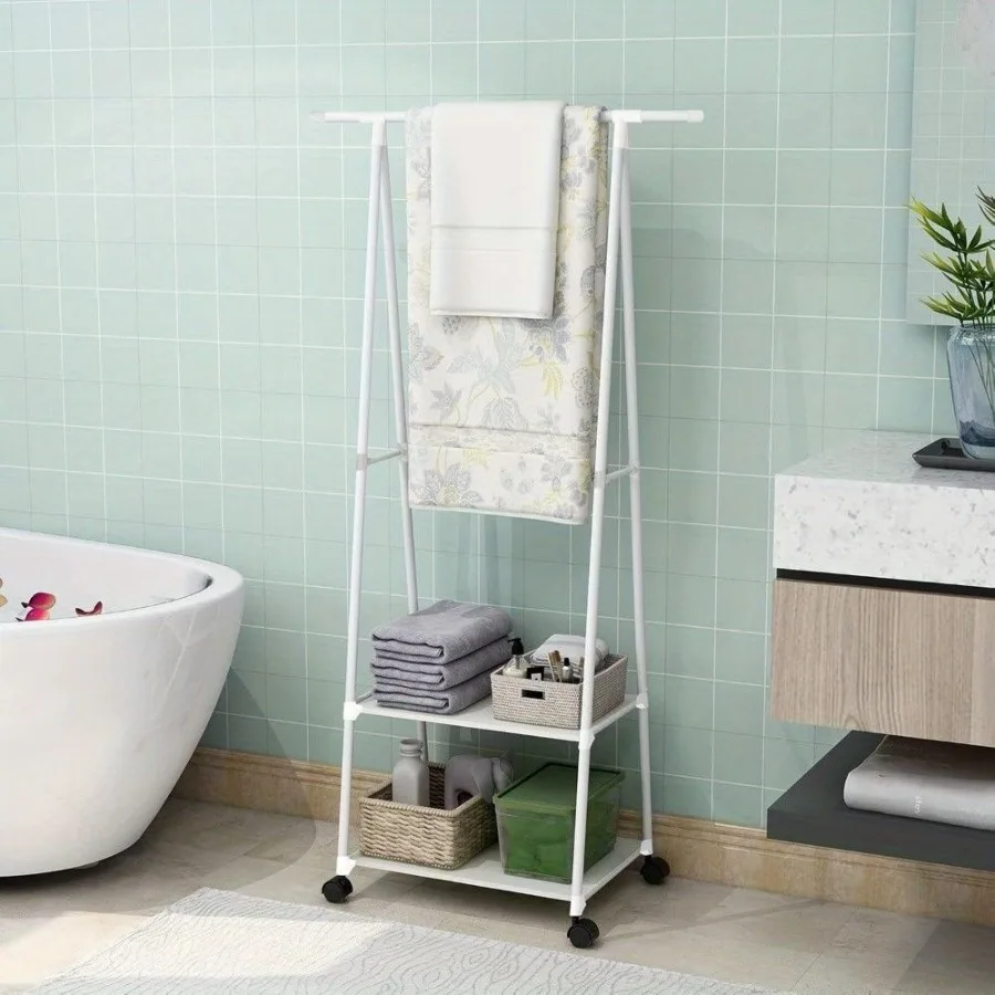 

Stainless Steel Rolling Garment Rack with 2Tier Shelves and 2 Hooks Portable Metal and Plastic Clothes Organizer Multipurpose H