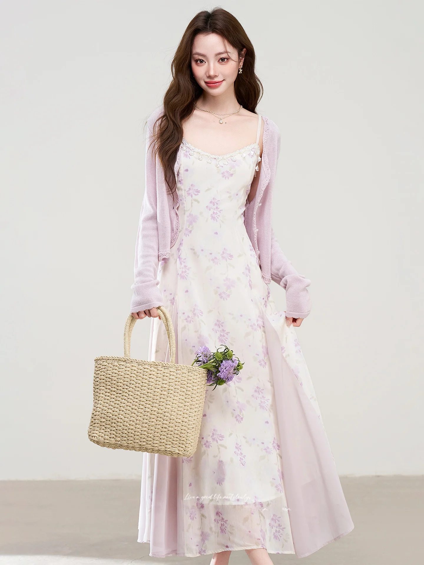 

Summer New Style Floral Splicing Sleeveless Dress Women's Fashion Set High Waist Cardigan Casual Wear for Young Adults