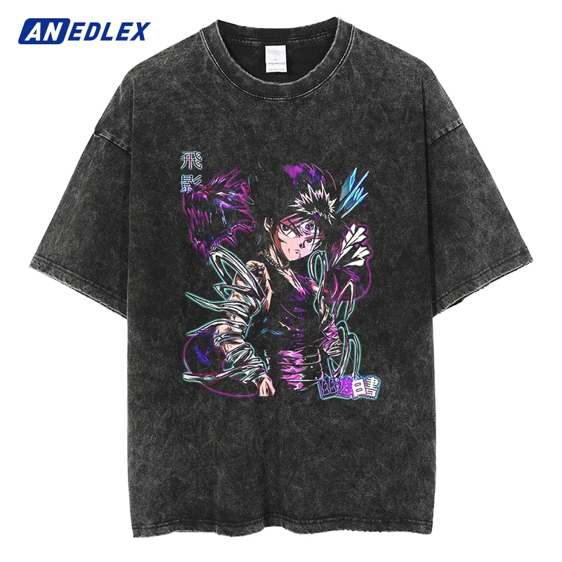 

Men Streetwear Vintage T-shirt Japanese Anime Print T-shirt Harajuku Washed Oversized T-shirt Summer Cotton Tops Black