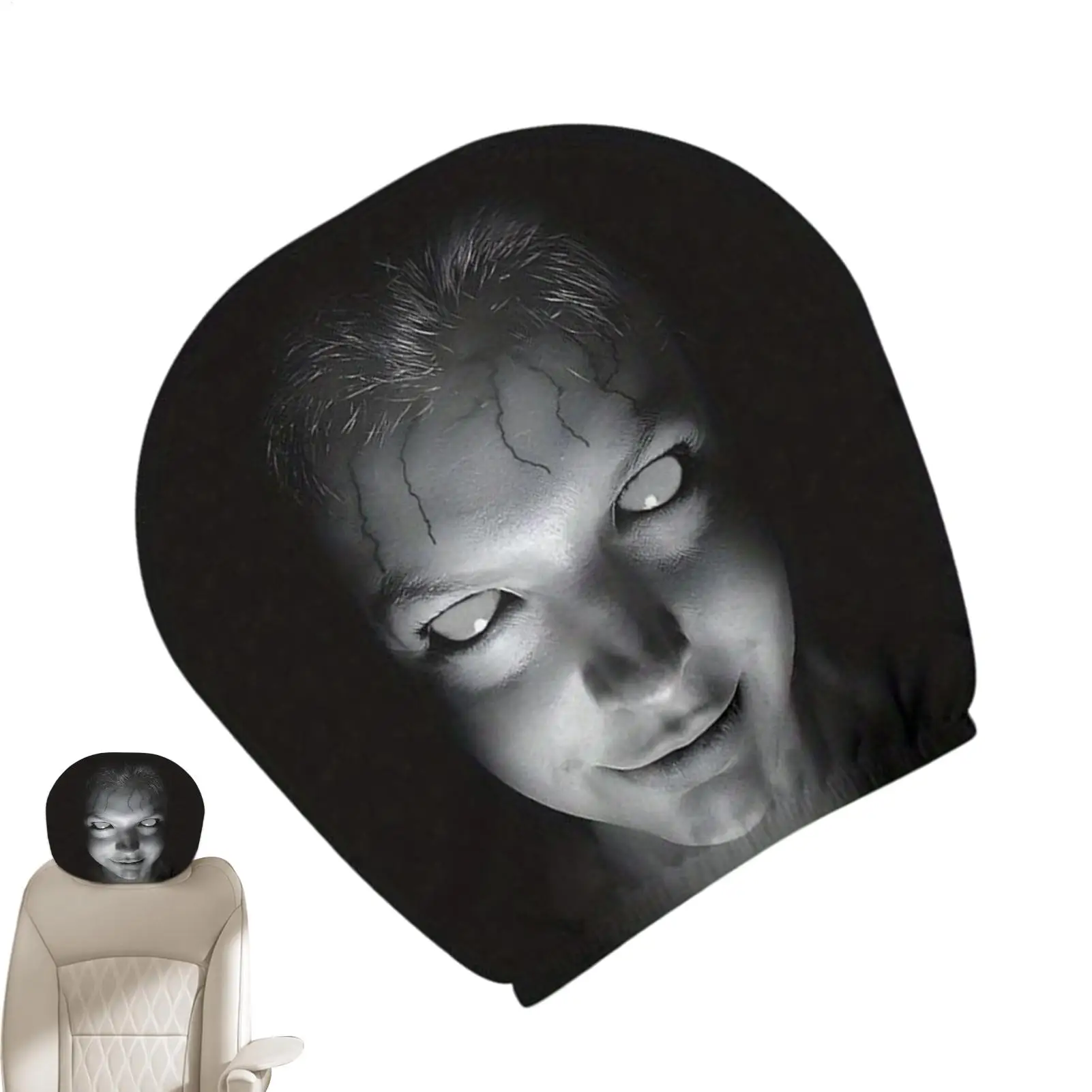 1Pcs Horror Car Headrest Covers Ghost Face Print Polyester Stretch Fit Headrest Protector Funny Car Halloween Interior Accessory