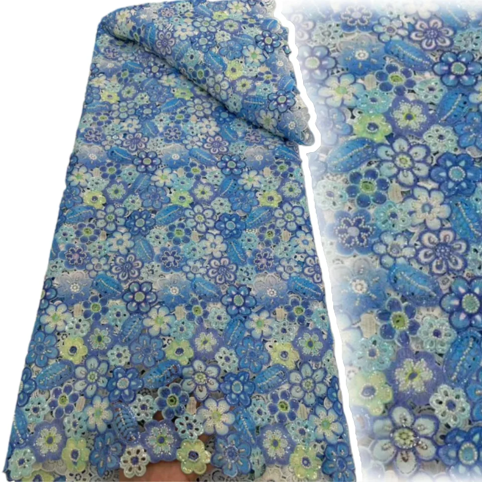 

Высококачественная африканская синяя ткань с пайетками и тяжелой вышивкой бисером, сетчатое кружево, подходит для женских свадебных торжеств, 2026, 2188