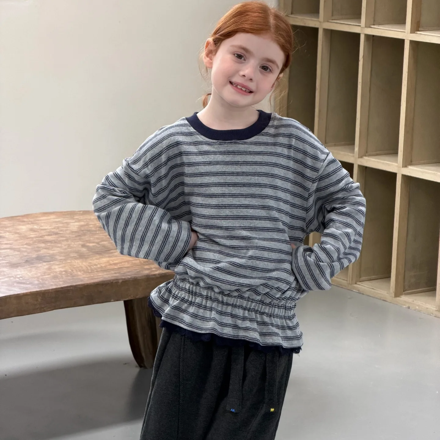 Korean Children's Clothing 2026 Autumn New Girls' T-shirt Striped Simple Casual Waist Cinched Round Neck Top