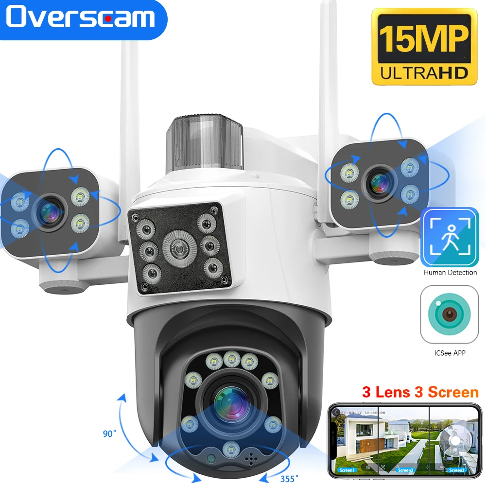 

15MP HD WIFI IP Camera Three Screen Three Lens Auto Tracking IP66 Waterproof CCTV Video Security Color Night Vision Cam iCsee