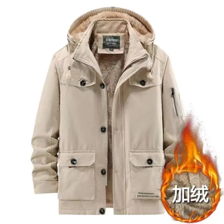 Parka à prova de vento masculino, jaqueta militar com capuz quente, campo cáqui sólido, moda masculina, vintage tático, outono, inverno, 2024