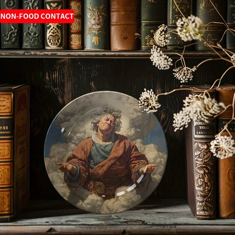 1pc Exquisite Ceramic Decorative Plate - Hand-Painted Red Robe Sage with Auspicious Cloud Design, Non-Food Contact Wall Art for