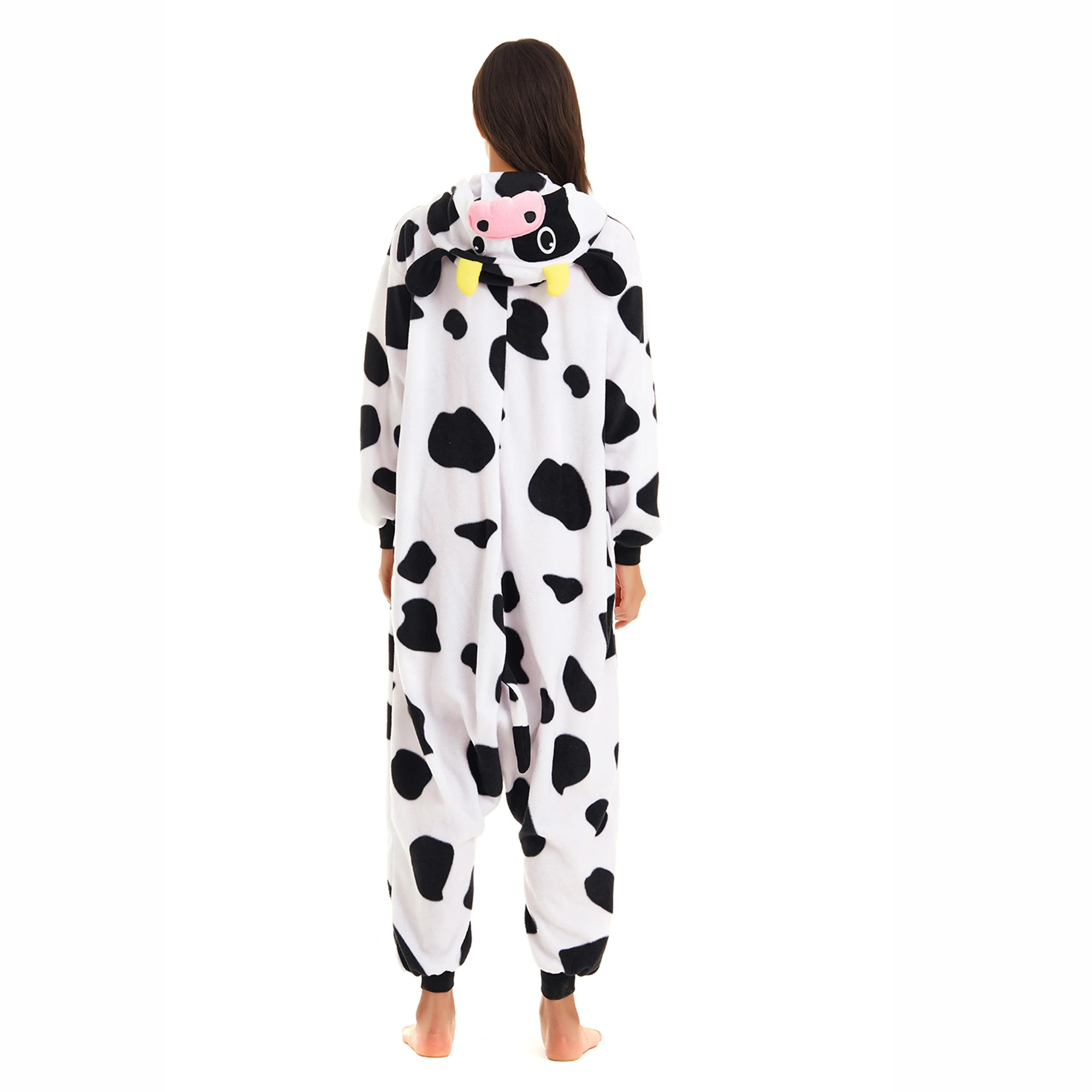 Cow Costume Suit Women and Men Winter Soft Hooded One-piece Pajamas Halloween Farm Animal Cosplay Jumpsuit Onesie Sleepwear