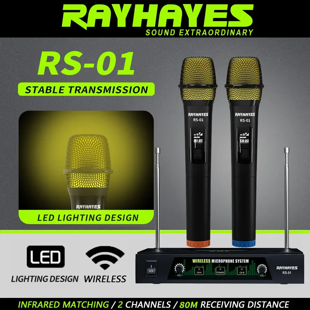 

RAYHAYES RS-01 Professional Dual-Channel Handheld Wireless Microphone LED backlight Suitable for outdoor performances parties