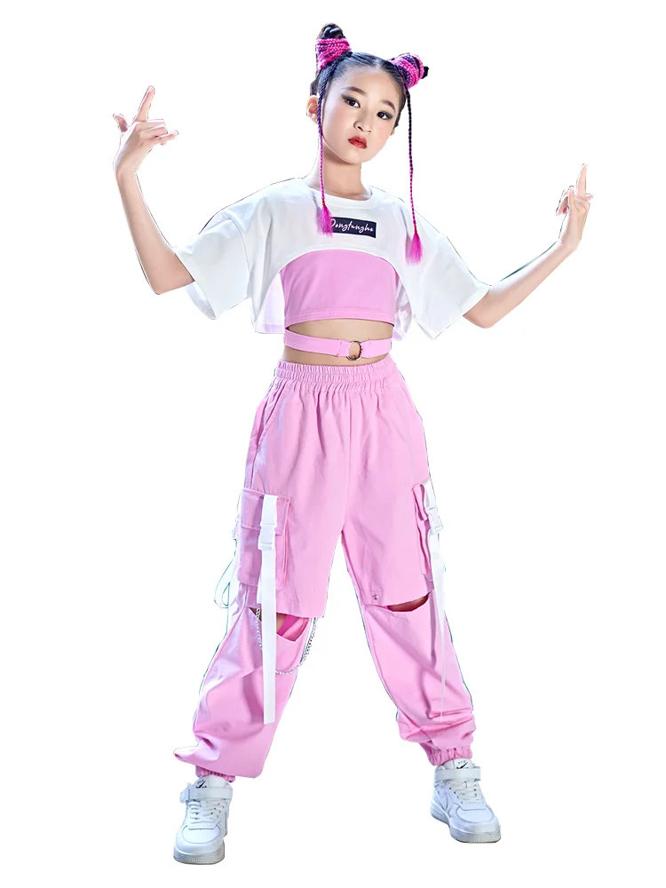 Kid Kpop Hip Hop Clothing White Crop Top Streetwear Baggy Pants For Girls Jazz Dance Costume Performance Stage Outfits DN11822