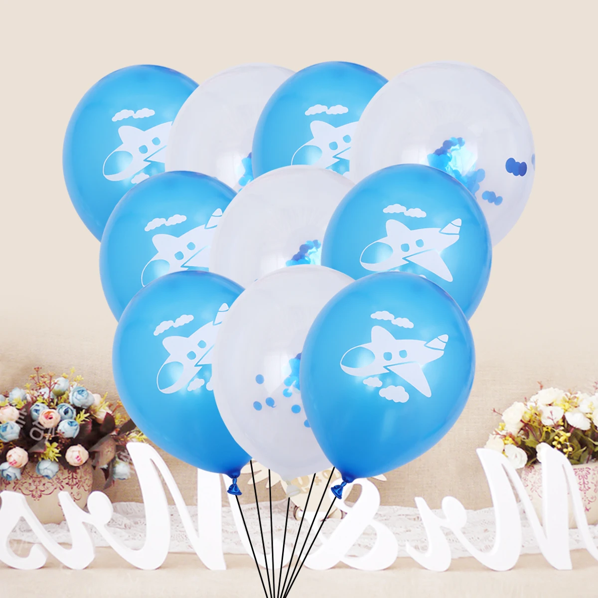 

10pcs Sequins Balloons Confetti Decor Airplane Cartoon Latex Party Balloons Light Blue Each NonToxic Stylish Boy
