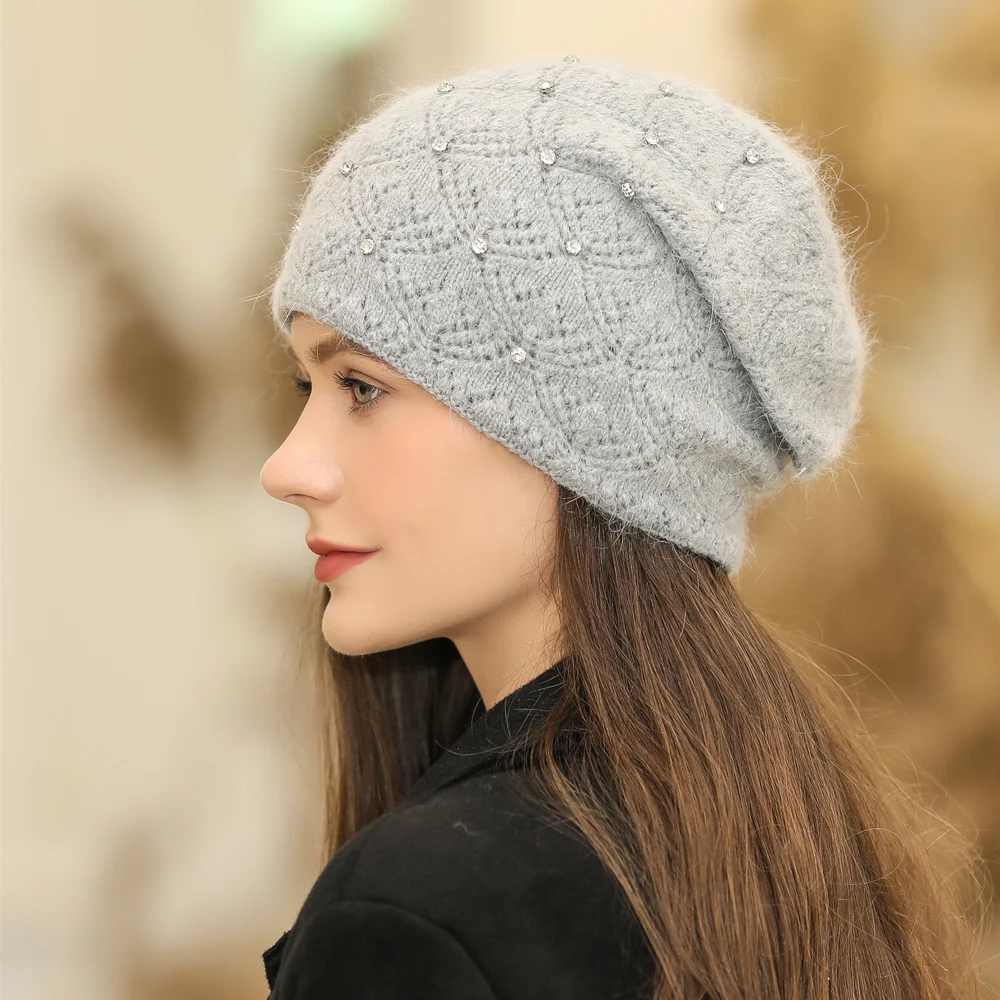 New Women Winter Hat Streetwear Rabbit Fur Blend Warm Cap Fashion Decorate Beanie Hat For Female Casual Knitted Hat