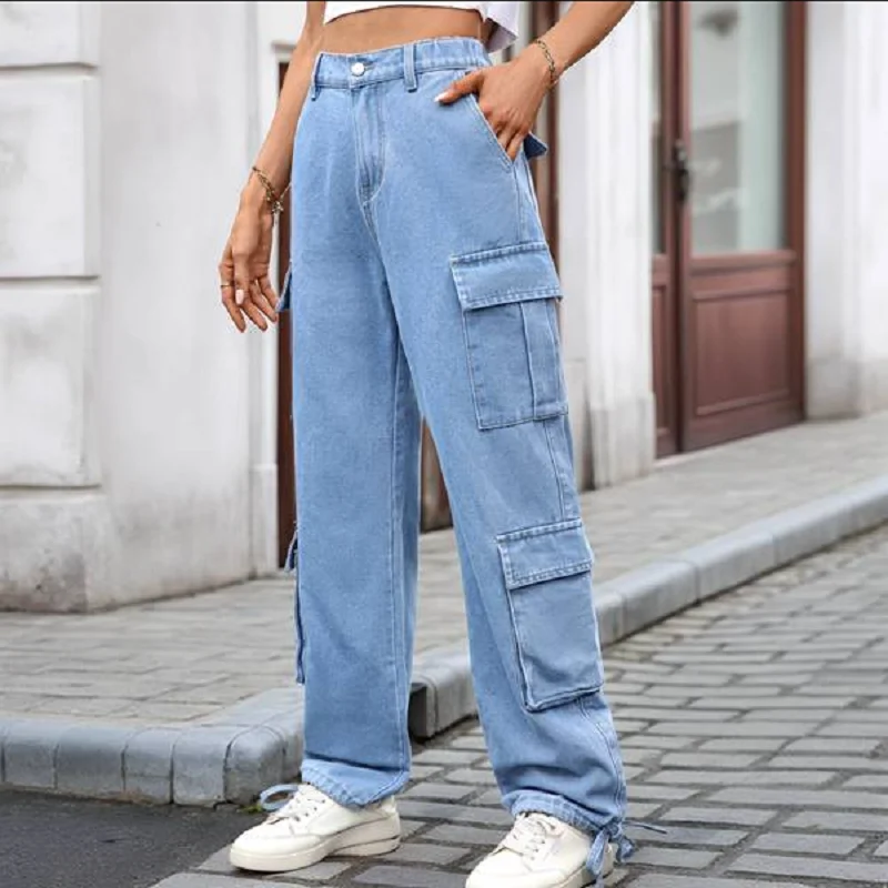 

Ladies' Autumn Washed Jeans European And American Fashion Cargo Pants High-Waisted Multi-Pocket Female Casual Long Pants Y2K