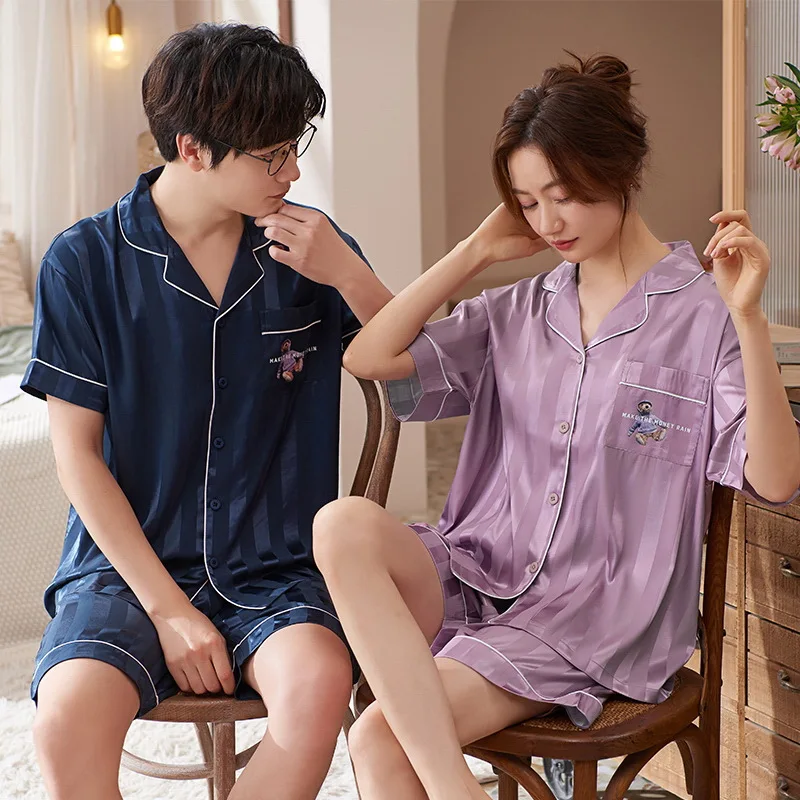 Women Sleepwear Summer Pajama Set Red Turn Down Collar Faux Silk Satin Short Sleeve Casual Female Male Pajamas Home Wear Shorts