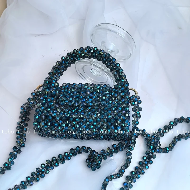 Expensive Crystal Beaded Lunch Bag Casual Versatile Pure Color Tote Bags Two Belts Niche Dinner Cosmetic Bag for Makeup Purse