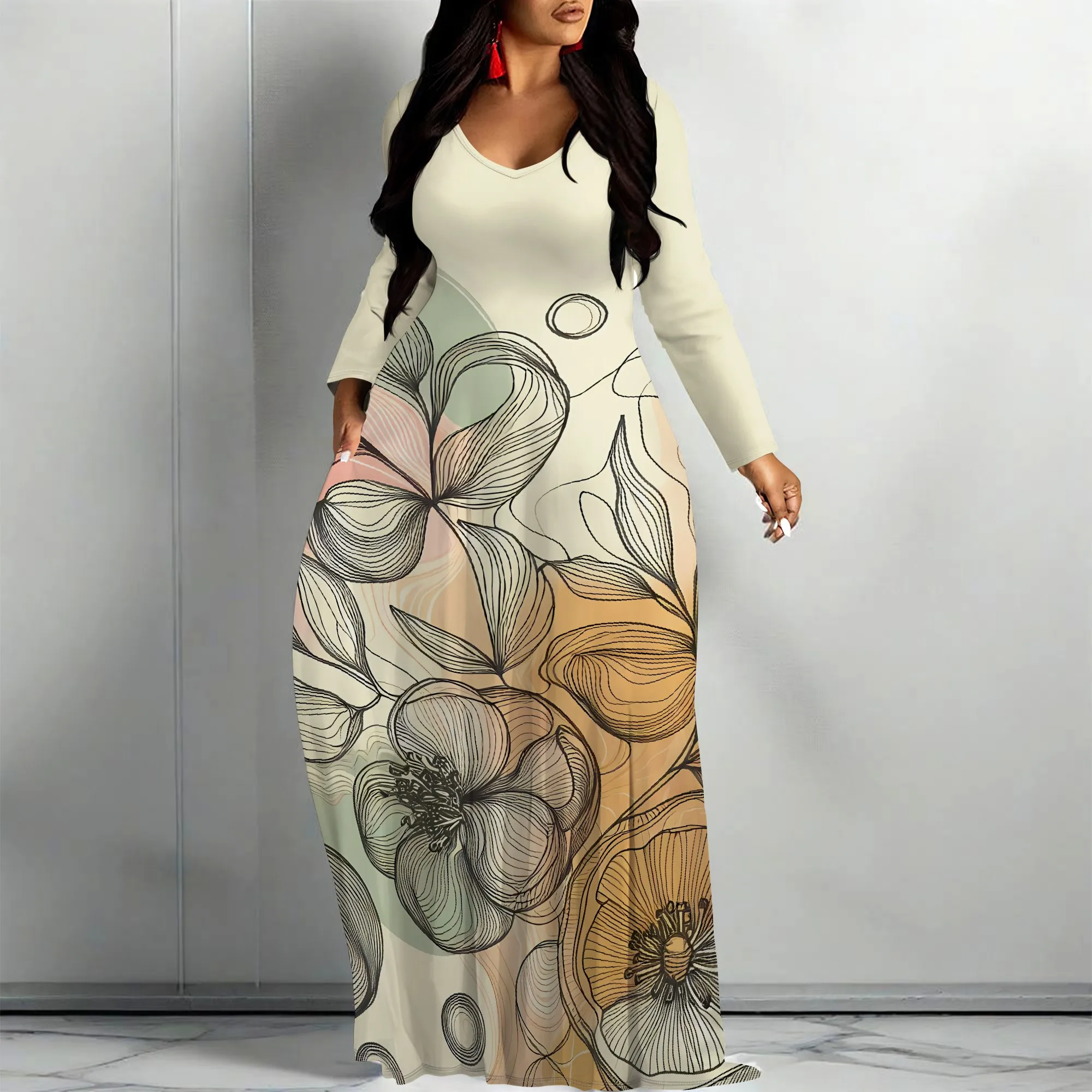 

Nupusa Line Art Print Dress for Women Standard Size Summer Casual Crew Neck Long Sleeve Maxi Dress with Pockets