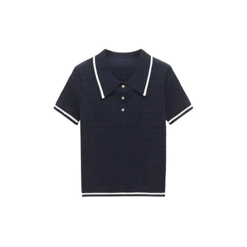 

SMVP, лето 2021, женский модный контрастный вязаный свитер с окантовкой, поло с женским воротником, пуловер с короткими рукавами, шикарные топы