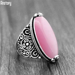 Flower Band Oval Opal Rings For Women Vintage Look Antique Silver Plated Personality Fashion Jewelry