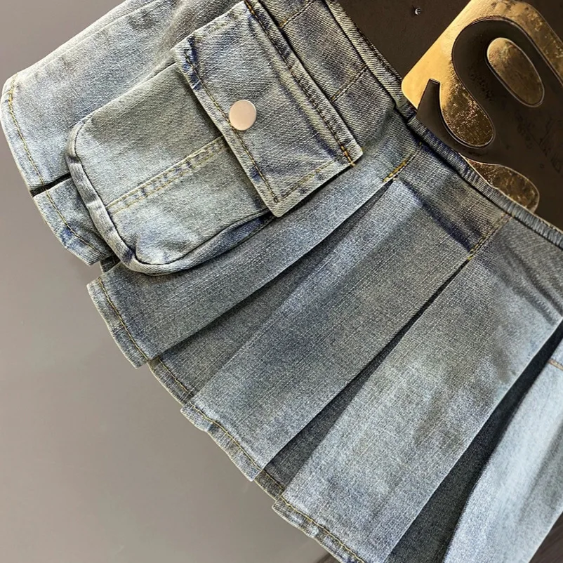 American Retro Spice Girl Denim Miniskirt Spring and Summer New High-waisted Three-dimensional Pocket A-word Pleated Skirt Women