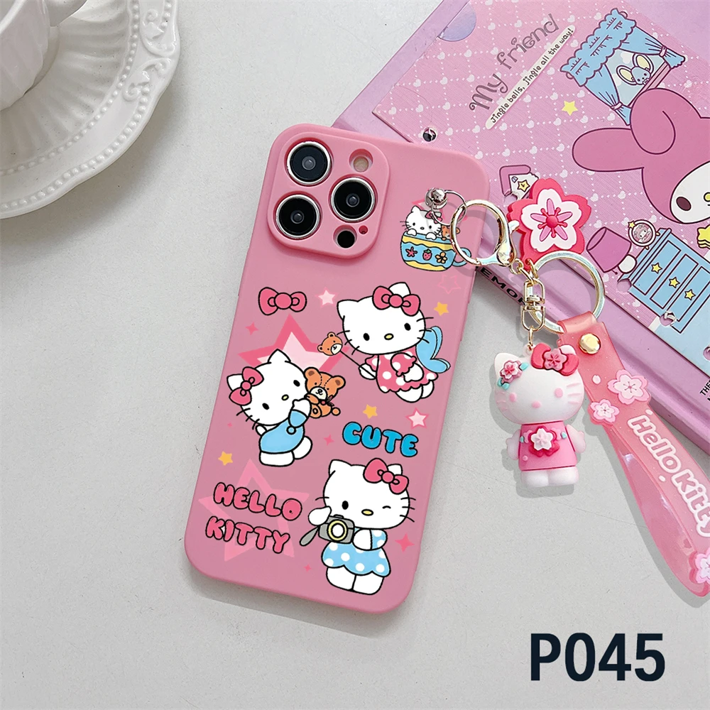 Soft Liquid Silicone Strap Cartoon Hello Kitty Phone Case For iPhone 16 15 14 13 12 11 Pro Max 16 Plus Full Protection Cover