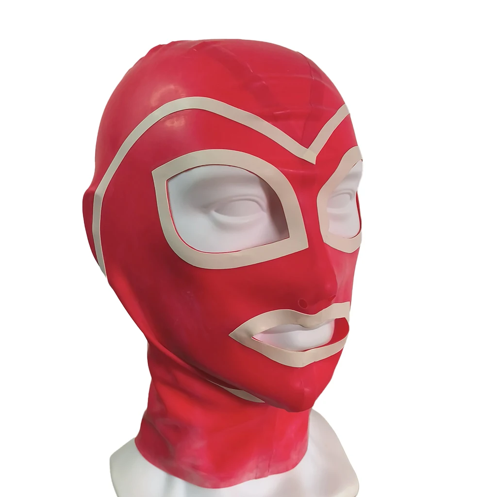 

Customizable Red And White Two-Color Stitching Latex Hooded Mask Handmade Unique Design Breathable Face Mask