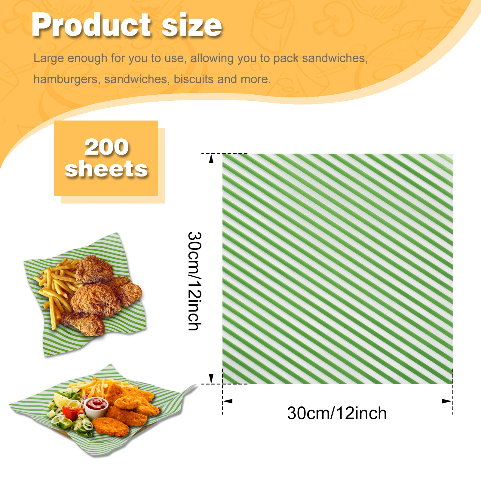 ورق تغليف طعام ، طباعة مخططة ، أطعمة لذيذة بالشمع الجاف ، شطيرة مقاومة للزيت ، بطانات ورق شطائر كبيرة ، أوراق #2