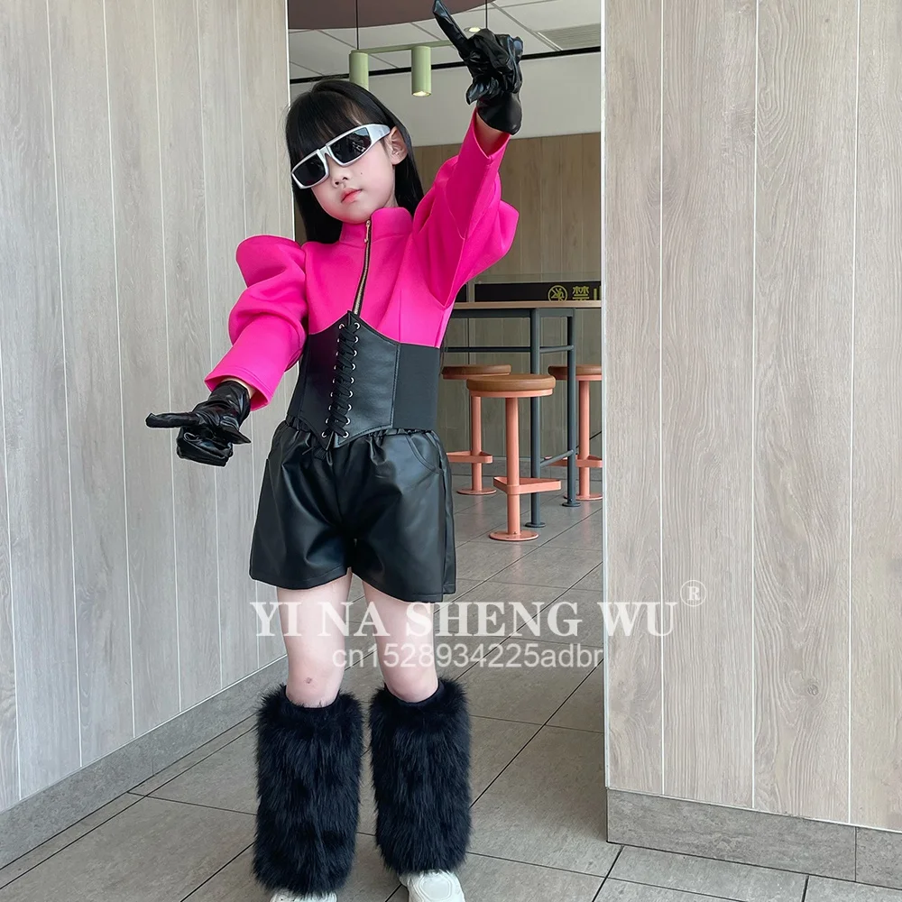 Crianças jazz dança traje meninas roupas de palco conjunto personalizado passarela desempenho roupas hiphop kpop competição wear rosa