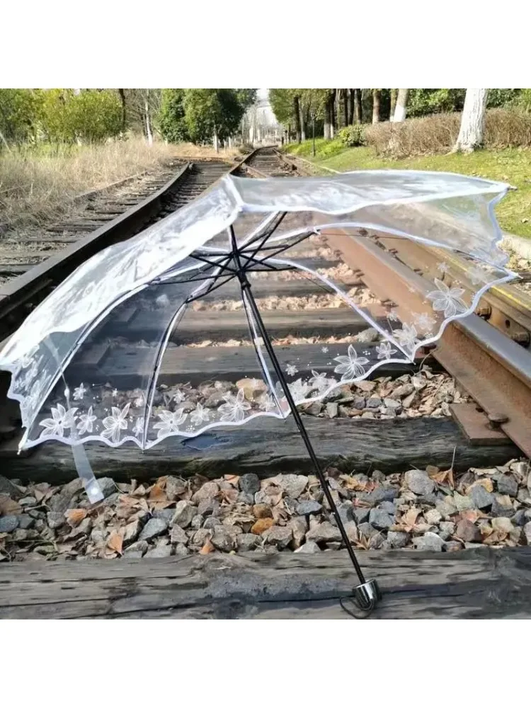 *Прозрачный зонт с белым цветком, женский дождевой портативный мини-зонтик, уличный прозрачный пластиковый зонтик принцессы и вишни, свадебные зонты