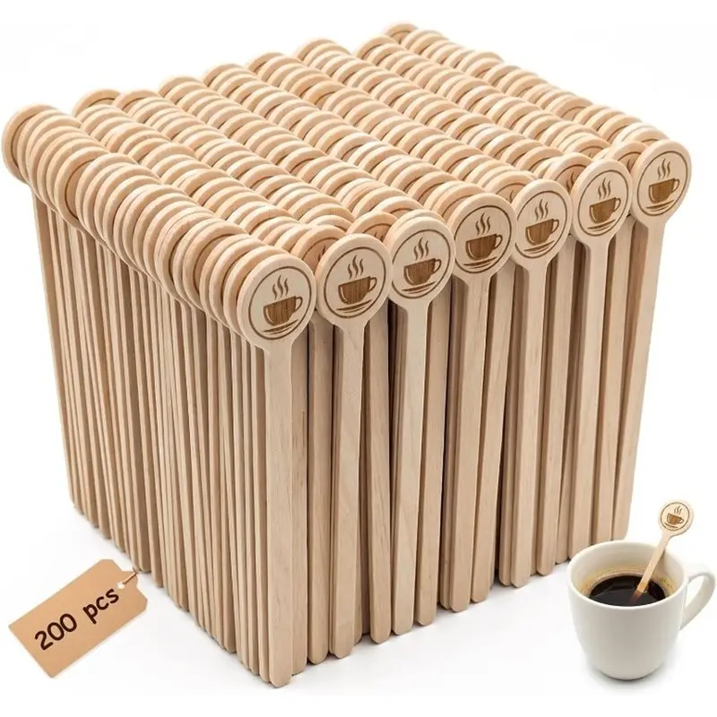VEHO-Coffee Stirrers 200Pcs Natural Wooden Stir Sticks, Disposable Biodegradable Caffeine Cafe Grade Coffee Stir Sticks