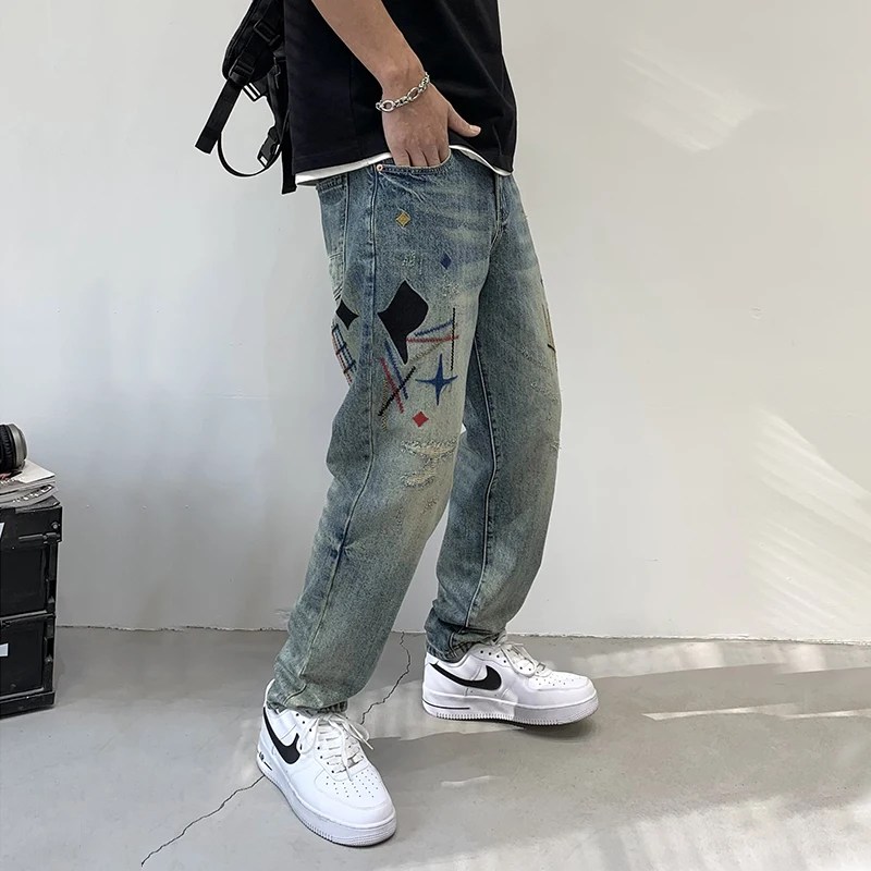 Straight Jeans Men's High Street Fashion Brand Vintage Print Loose Street Fashion Personality Teenagers Casual Versatile Trouser