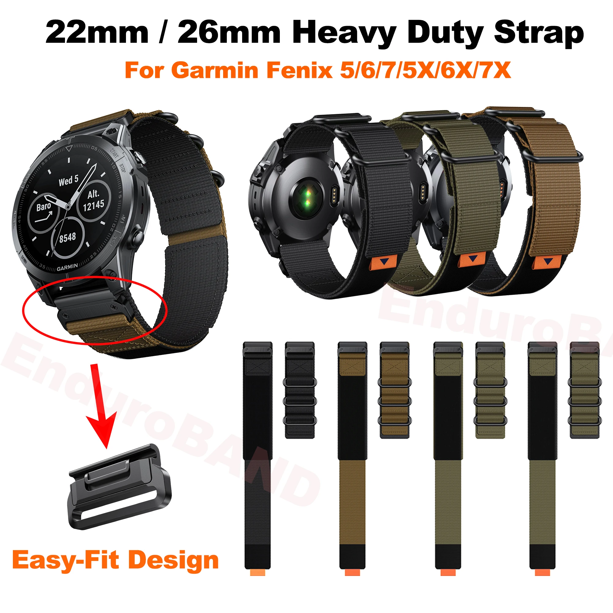 حزام ساعة نايلون ممتاز 22 مم 26 مم، لـ Garmin Fenix 5 6 7، 5X 6X 7X - مثالي للأنشطة الخارجية EnduroBAND