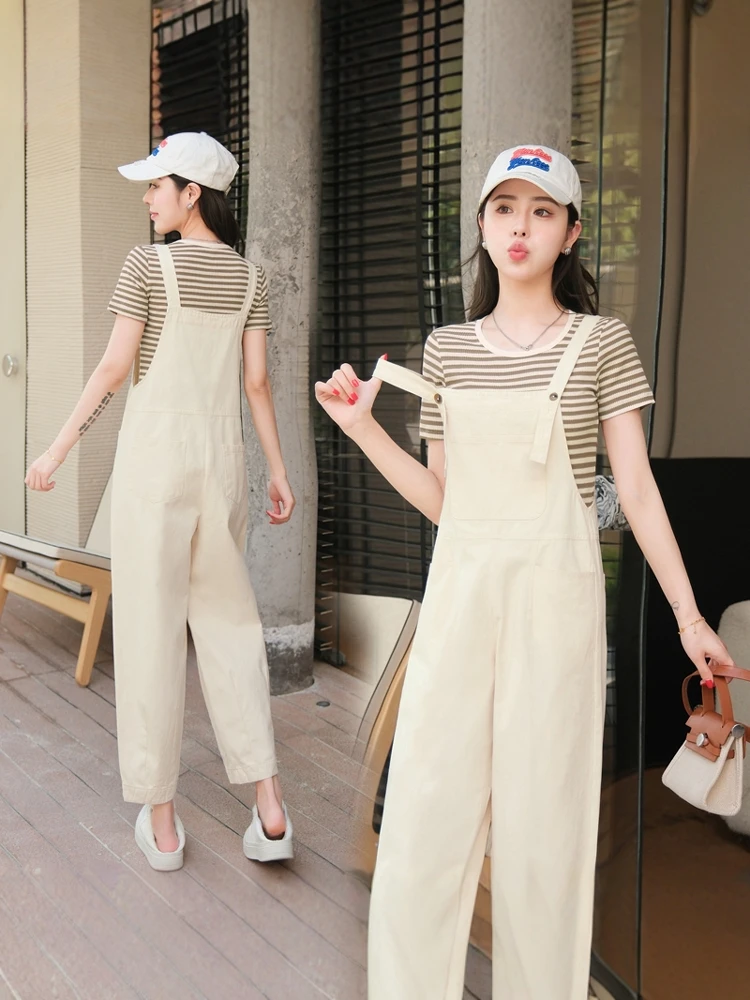 

Весенне-летние тонкие джинсовые комбинезоны для женщин: модные молодежные брюки-комбинезоны с высокой талией, прямые, из хлопка, длиной 7/8