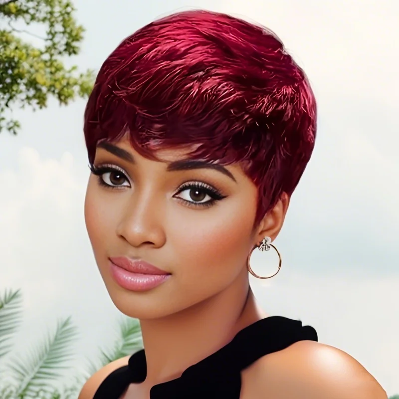 Short Pixie Cut Straight Wig Human Hair for Women Machine Made with Pre-Styled Bangs Tangle-Free