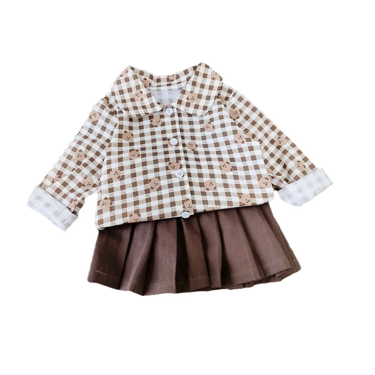 Spring/Autumn Sibling Matching Grid Bear Doll Collar Shirt + Solid Bottom Pleated Skirt Pants Boys Girls Set