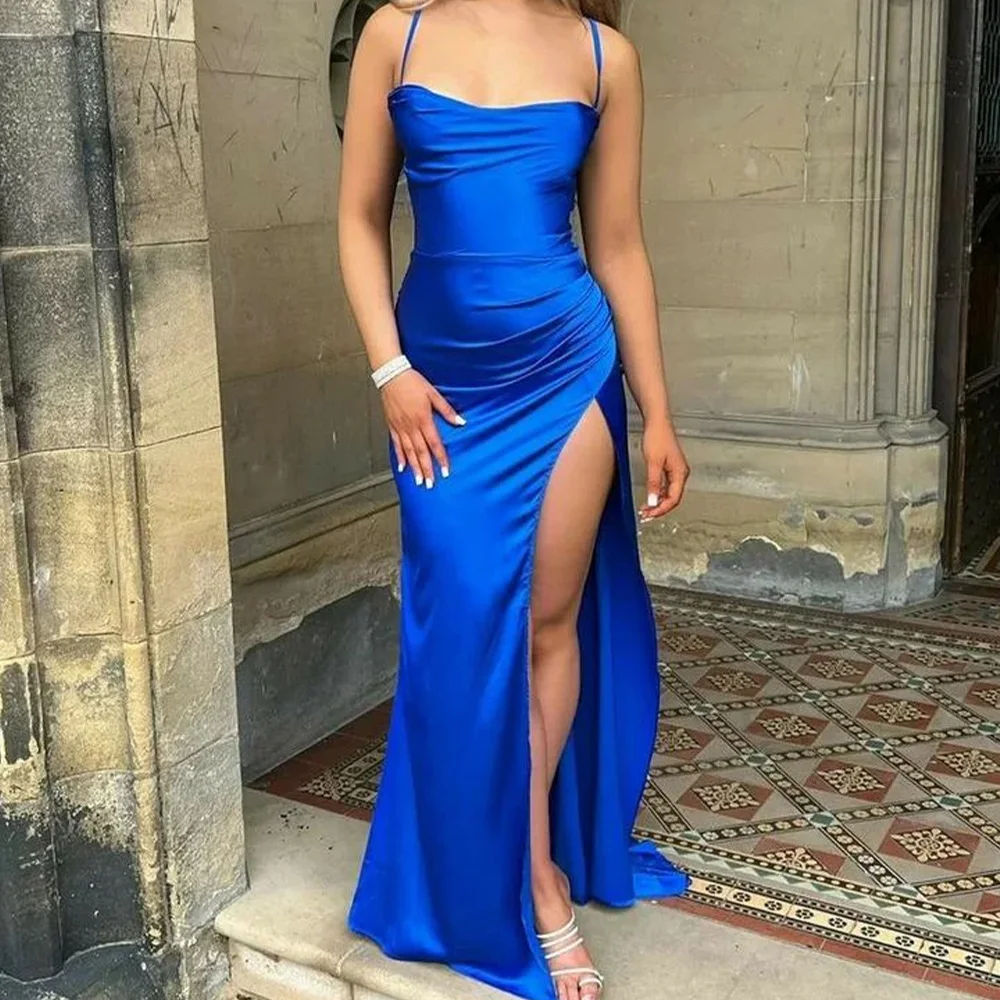 

Sexy Ruched Strapless Floor Length Side Slit Straight Prom Gowns Satin Spaghetti Straps Lace Up Back Backless Vestido De Festa