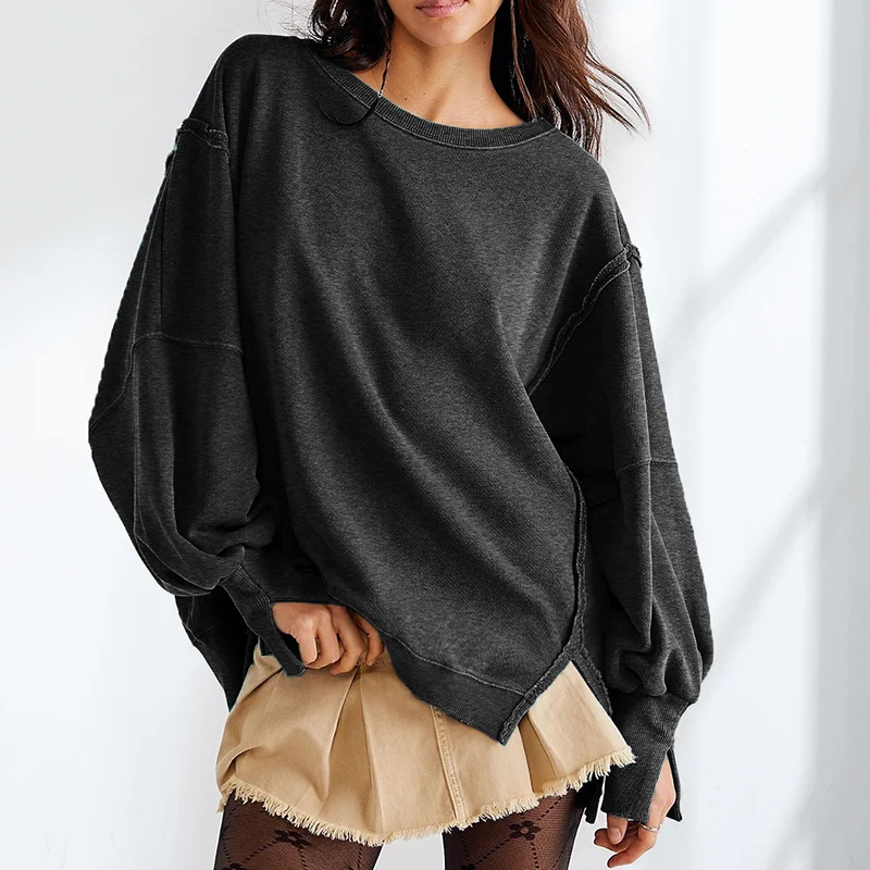 2025 Harajuku Oversized Sweatshirts Women Long Sleeve Split Design Round Neck Hoodies Woman Streetwear Solid Loose Pullovers